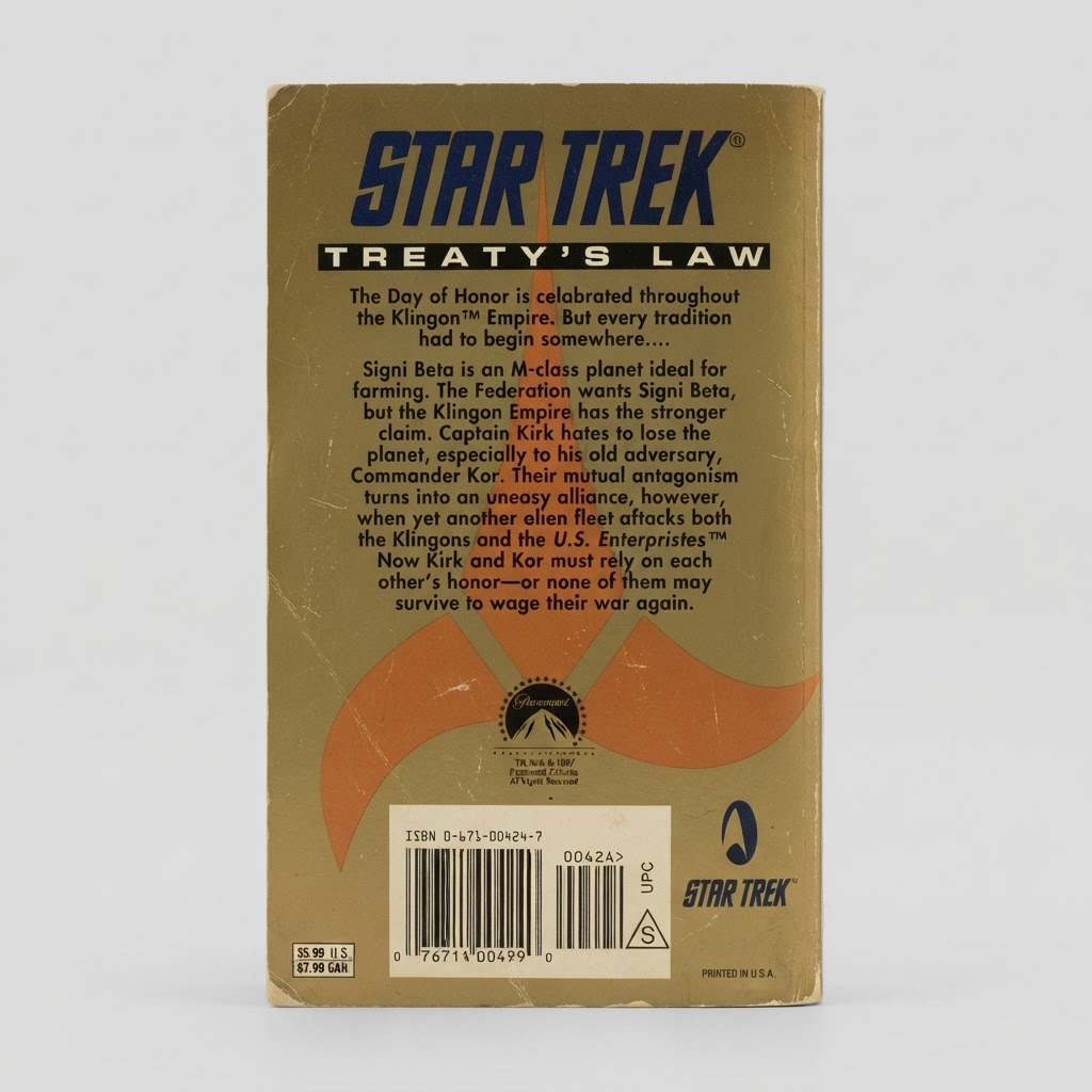Back cover of the vintage Star Trek: Day of Honor "Treaty's Law" paperback featuring gold tones and a synopsis text