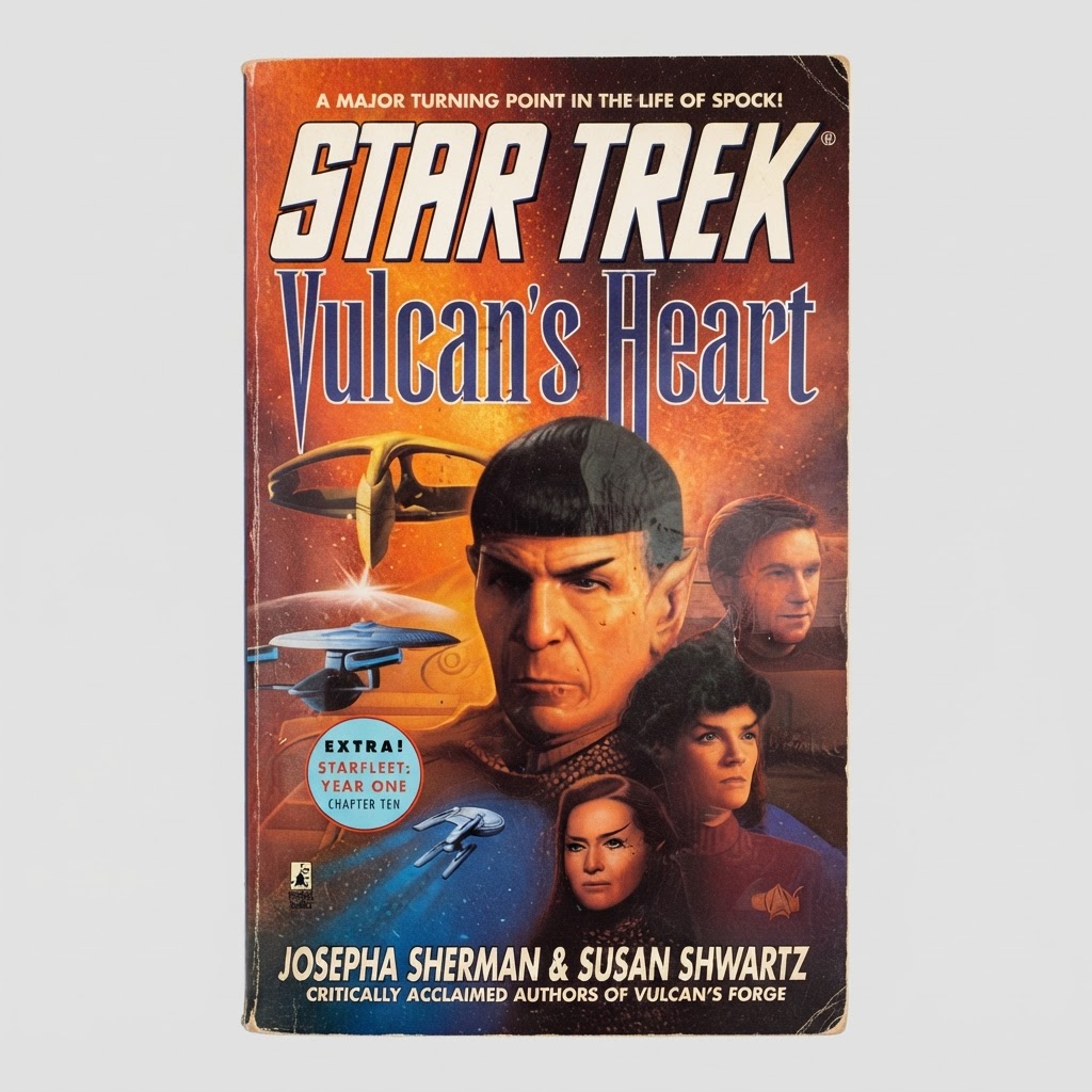 Front cover of the vintage Star Trek "Vulcan's Heart" paperback featuring Spock artwork against a space background