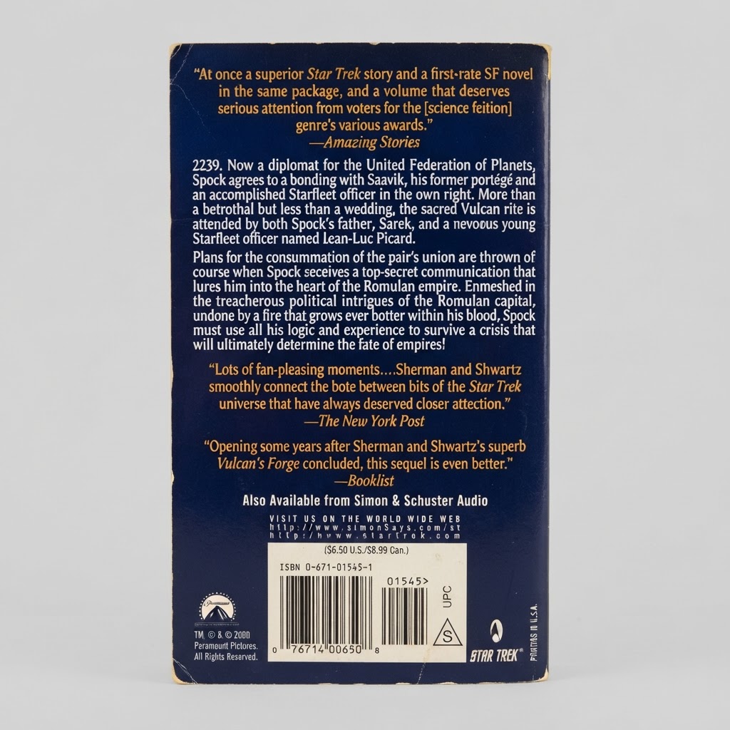 Back cover of the vintage Star Trek Vulcan's Heart paperback featuring plot summary text and a barcode on a blue background
