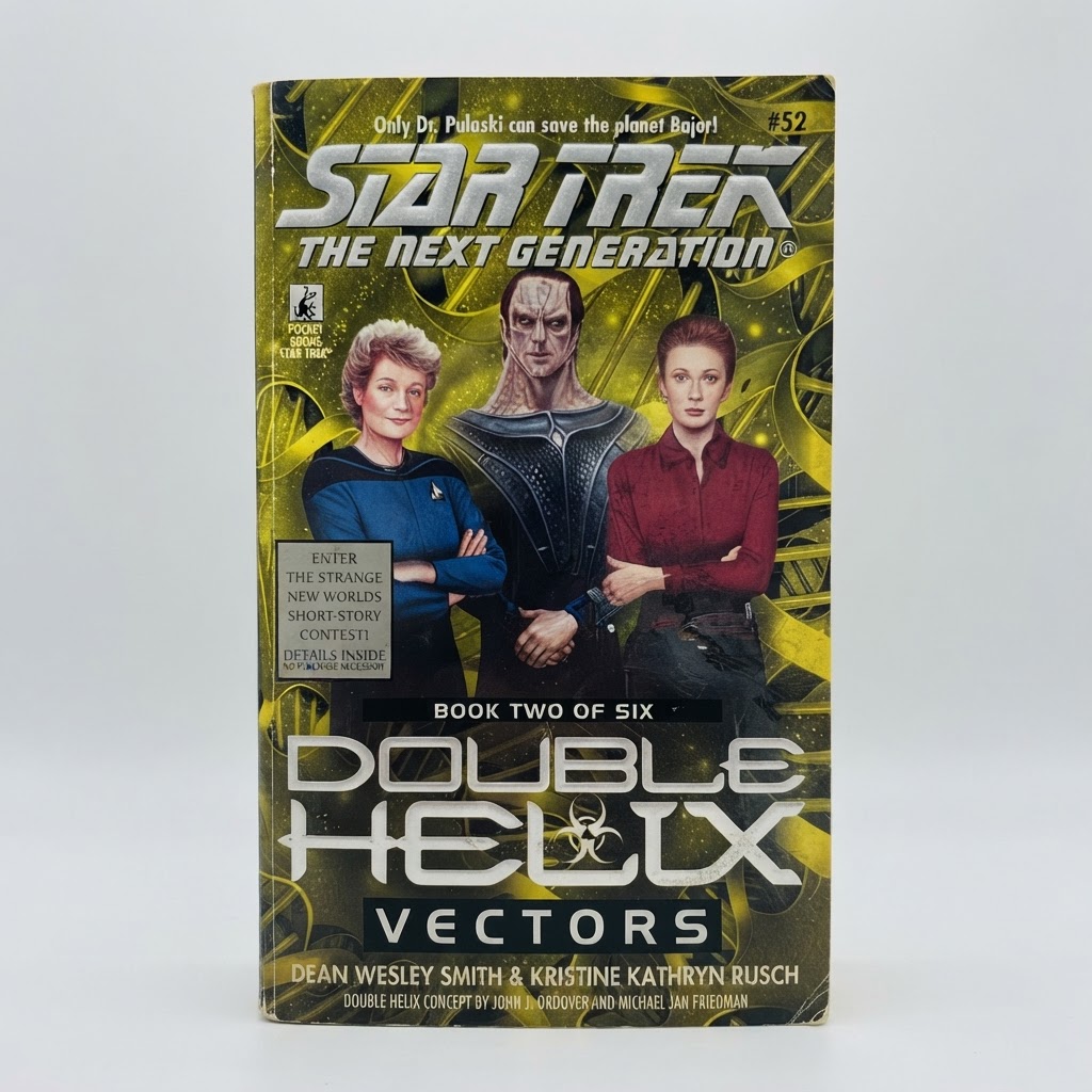 Front cover of Star Trek: TNG Double Helix: Vectors vintage paperback featuring a yellow DNA background and characters