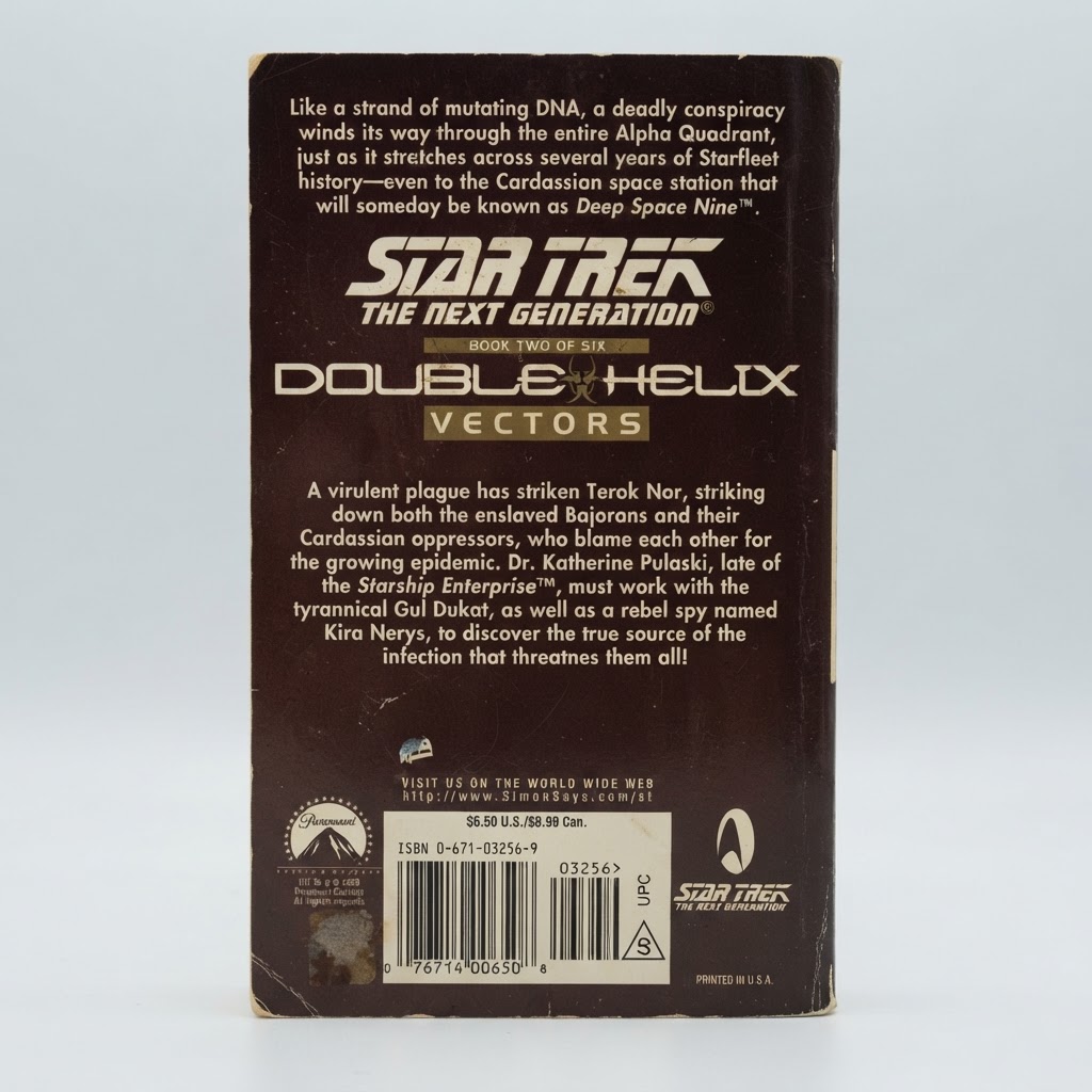 Back cover of the vintage paperback Star Trek: TNG Double Helix: Vectors with dark brown background and plot summary