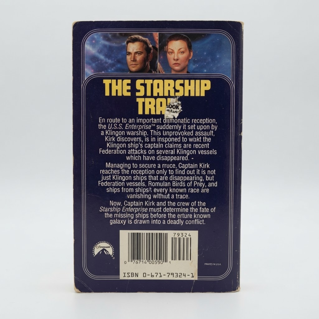 Back cover of the Star Trek: The Original Series The Starship Trap vintage paperback with a visible paper tear