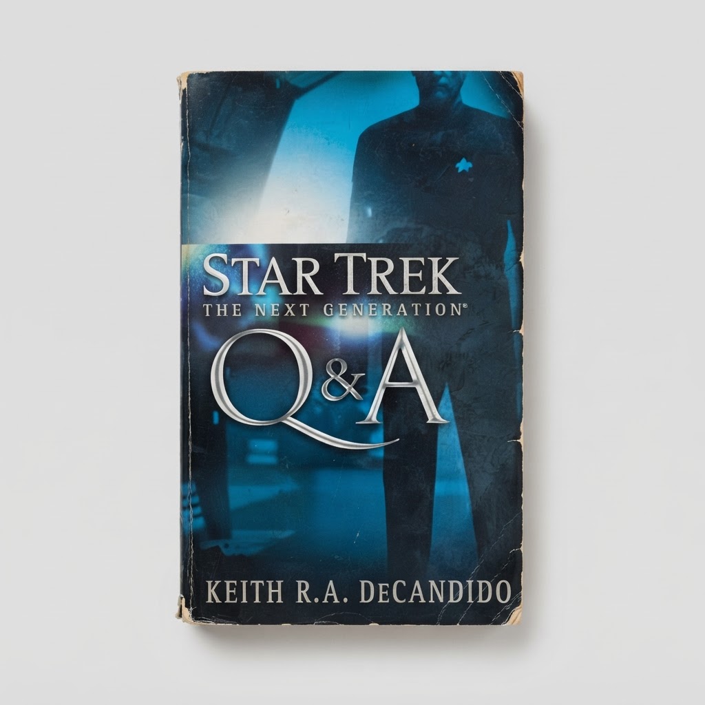 Front view of a blue-toned Star Trek: TNG Q & A vintage paperback with visible edge wear and silver lettering
