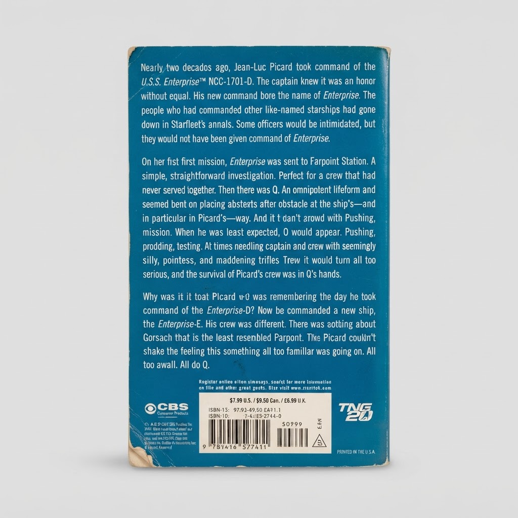 Back cover of the Star Trek: TNG Q & A vintage paperback featuring blue text, a barcode, and TNG 20 logo