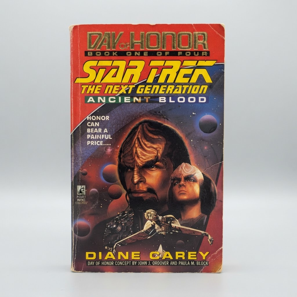 Front view of Star Trek: Day of Honor Ancient Blood vintage paperback featuring Worf on a red and black space background