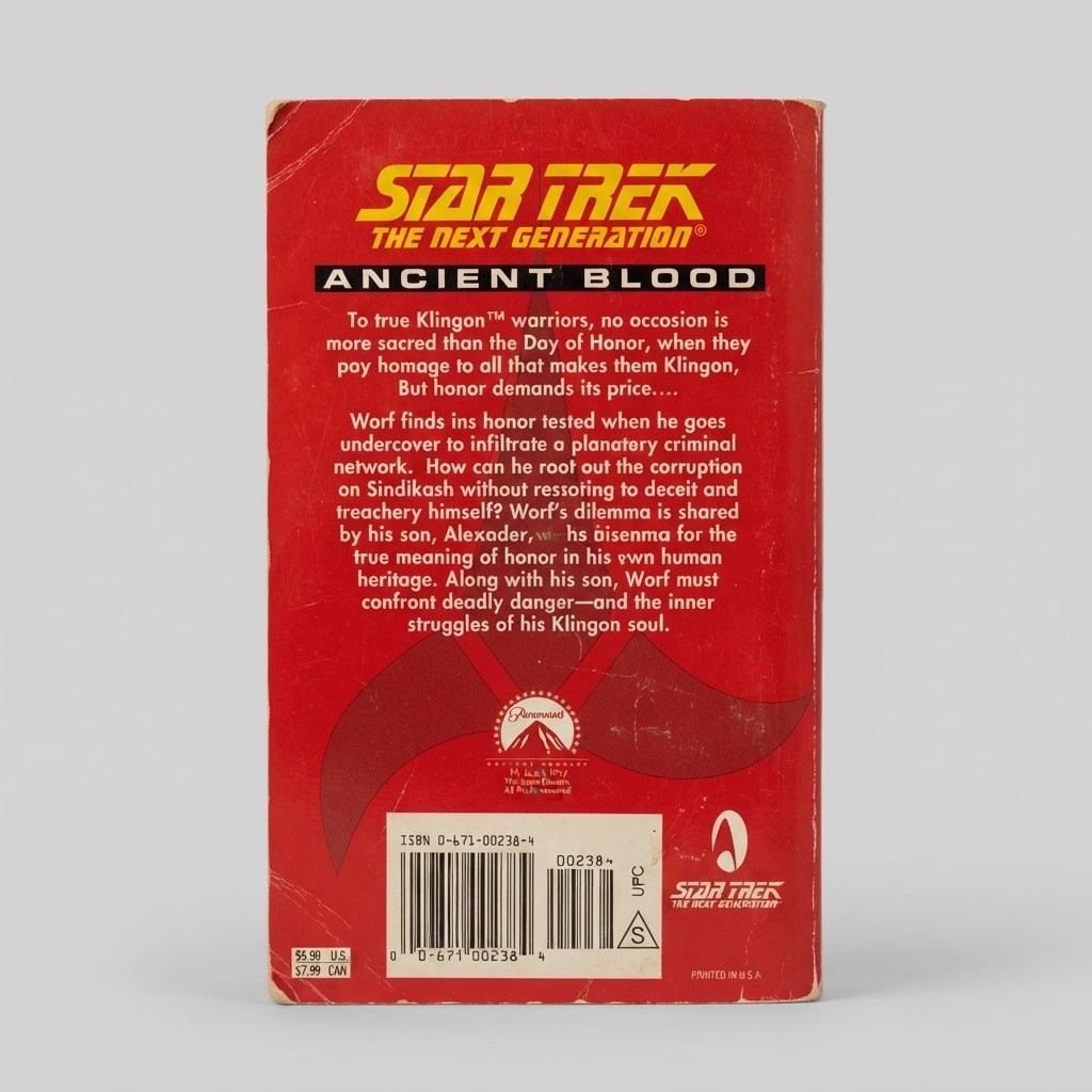Back cover of the Star Trek: Day of Honor Ancient Blood vintage paperback in red with light edge wear