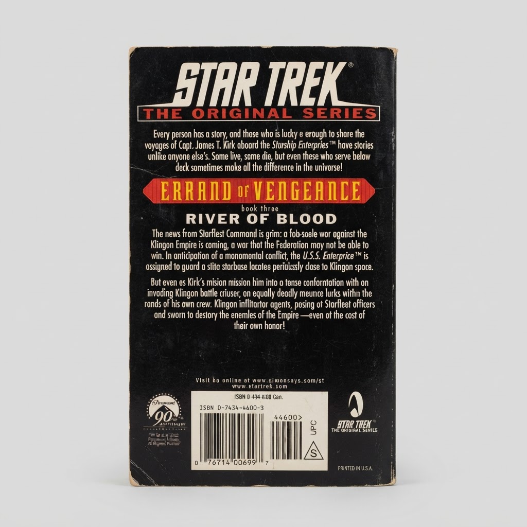 The back cover of the Star Trek: Errand of Vengeance "River of Blood" vintage paperback with black background and text