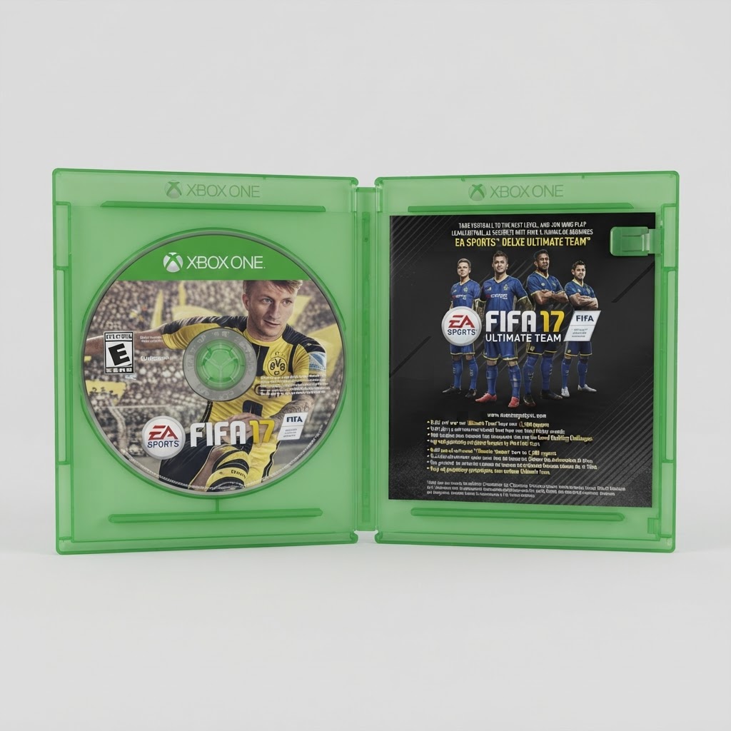 Open green plastic Xbox One game case for FIFA 17 Deluxe Edition featuring the game disc and promotional insert