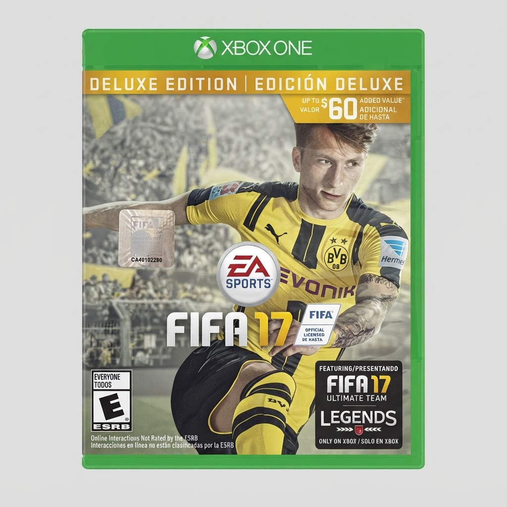 Front view of the FIFA 17 Deluxe Edition game case for Xbox One featuring a soccer player in a yellow jersey