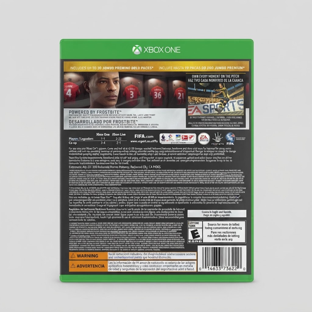 Back view of the FIFA 17 Deluxe Edition Xbox One game case with product information and rating details