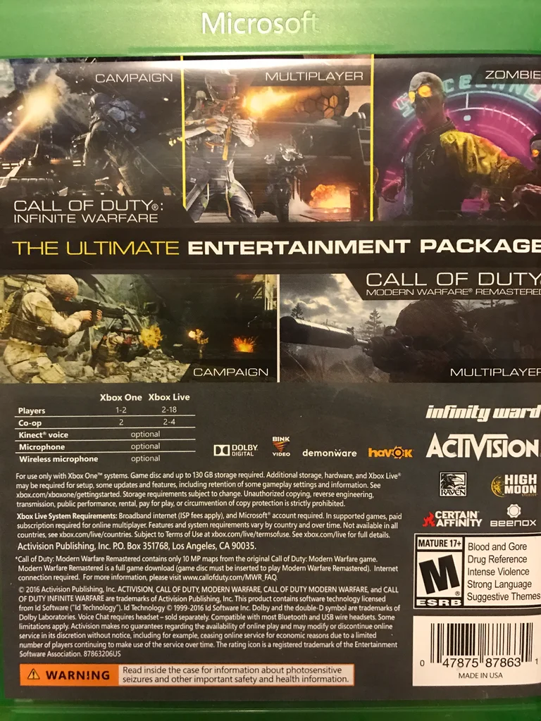 Back cover art for Call of Duty: Infinite Warfare on Xbox One featuring gameplay screenshots and game information