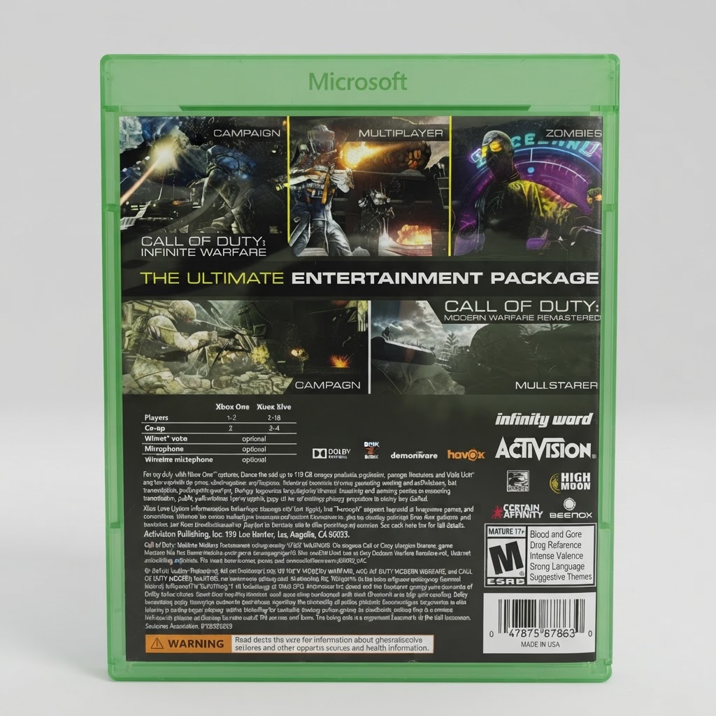 Back view of the Call of Duty: Infinite Warfare Legacy Edition game case for Xbox One in a green plastic case