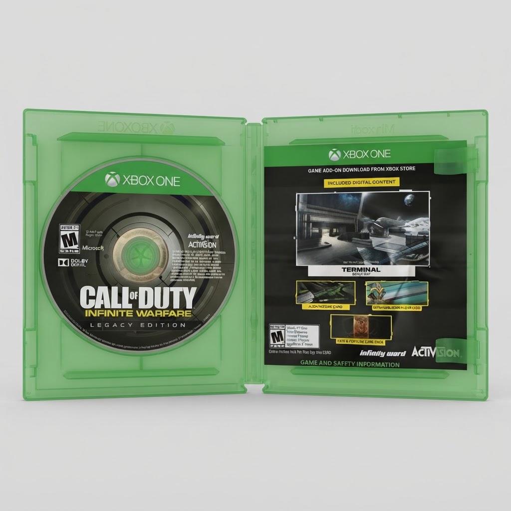 Open green Xbox One case showing the Call of Duty: Infinite Warfare Legacy Edition game disc and digital content insert
