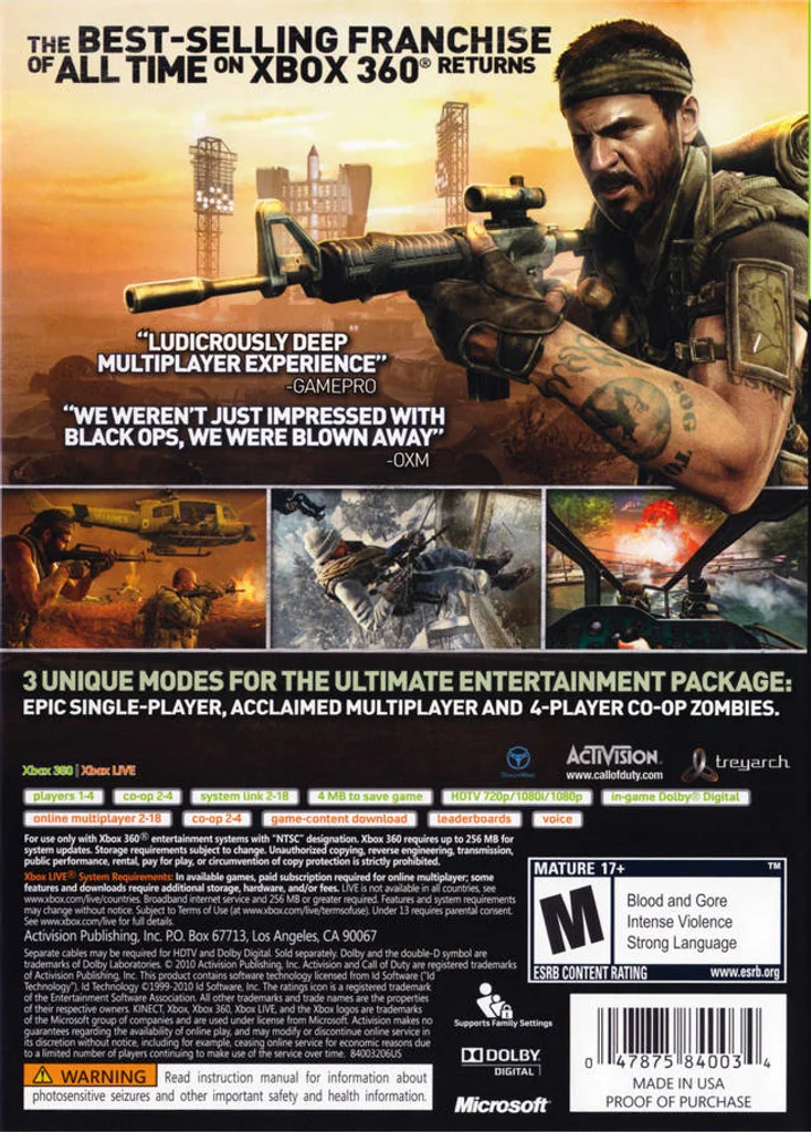 Back cover art for Call of Duty: Black Ops on Xbox 360 featuring action gameplay screenshots and game details