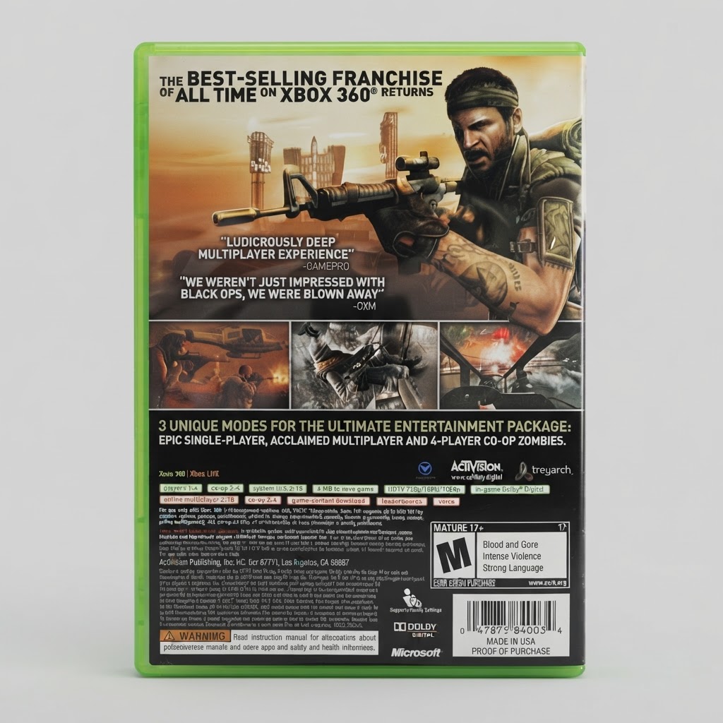 Back cover of Call of Duty: Black Ops for Xbox 360 showing gameplay screenshots and a soldier holding a sniper rifle