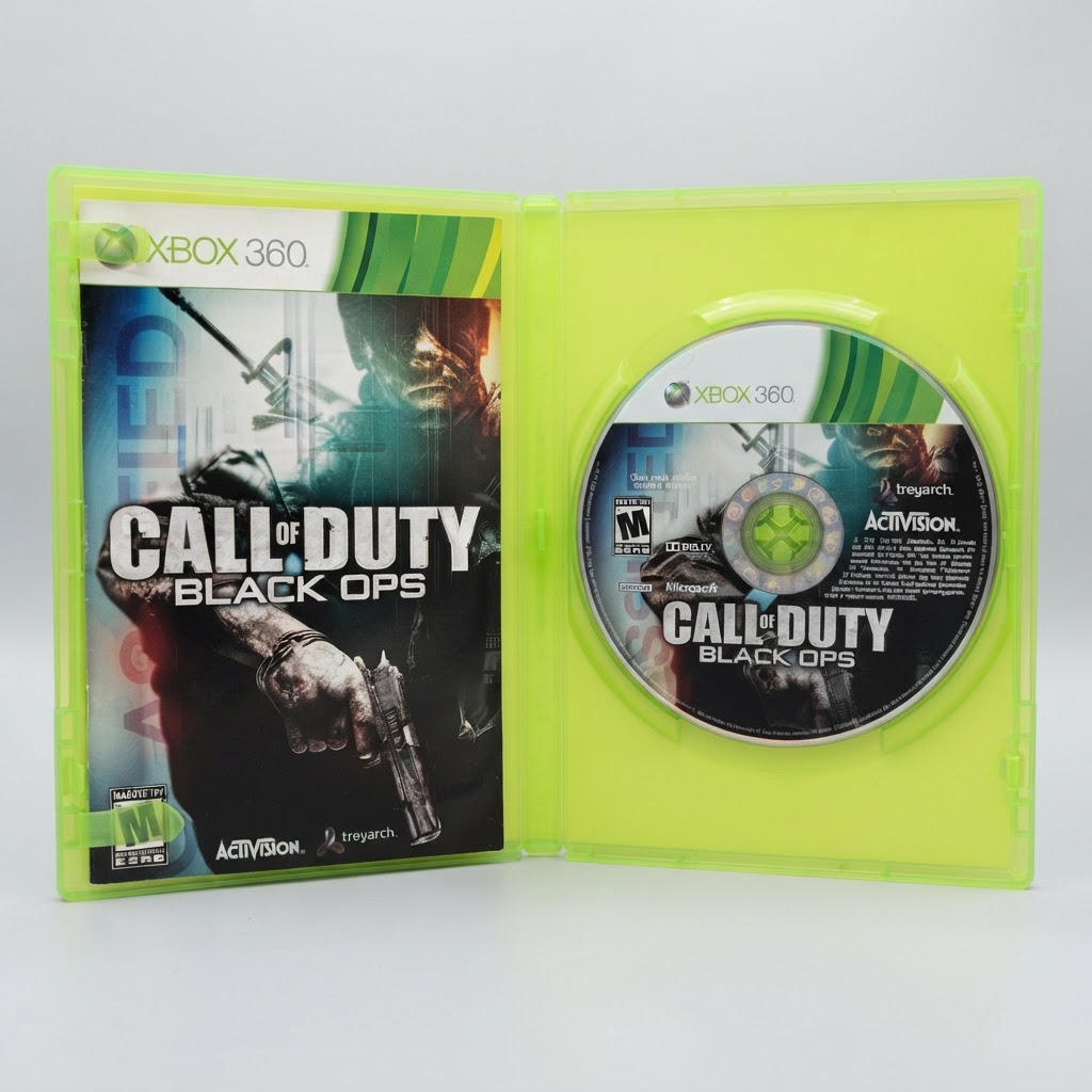 Open lime green Xbox 360 case with the Call of Duty: Black Ops game disc and cover art displayed inside