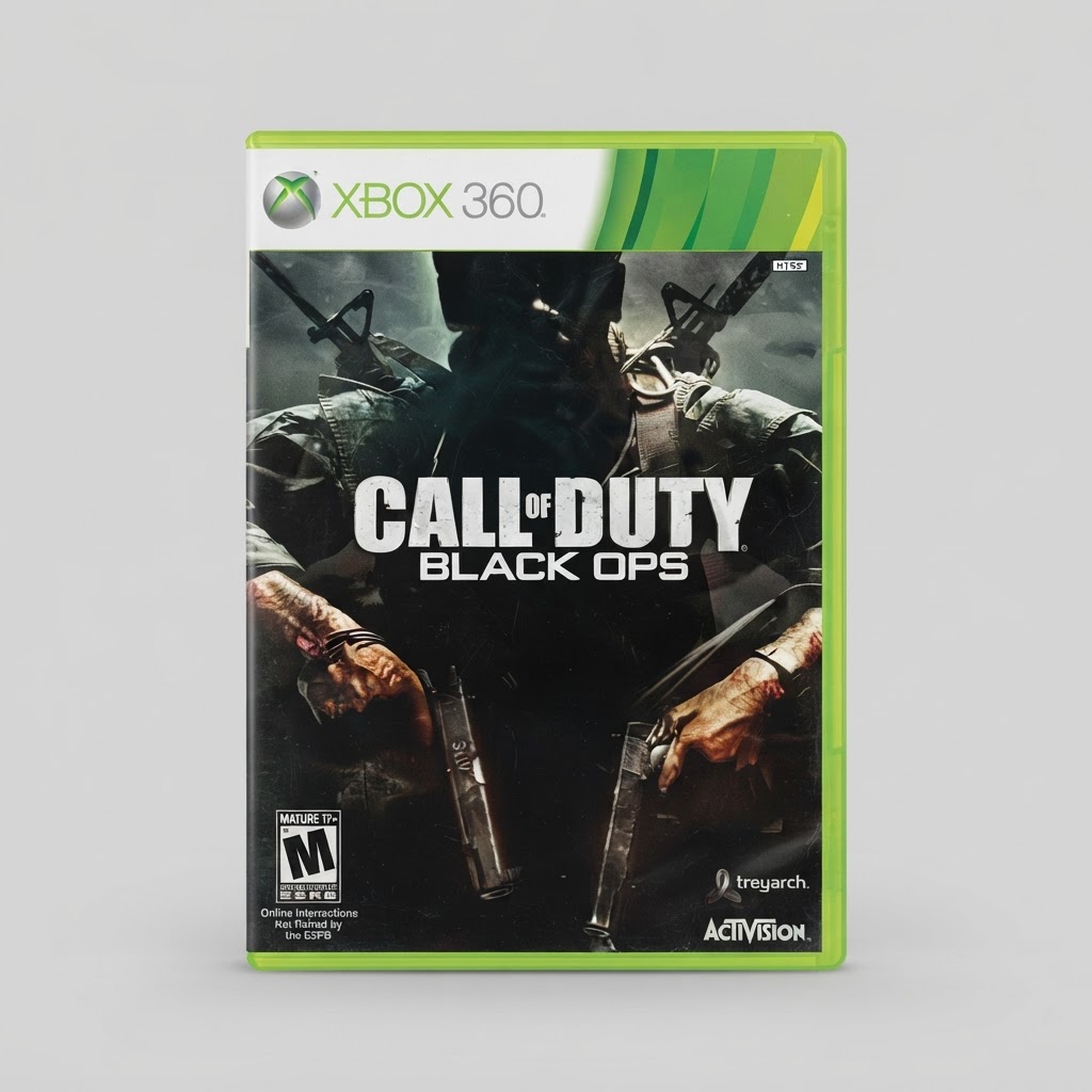 Front view of Call of Duty: Black Ops for Xbox 360 in a green plastic game case featuring cover art of a soldier