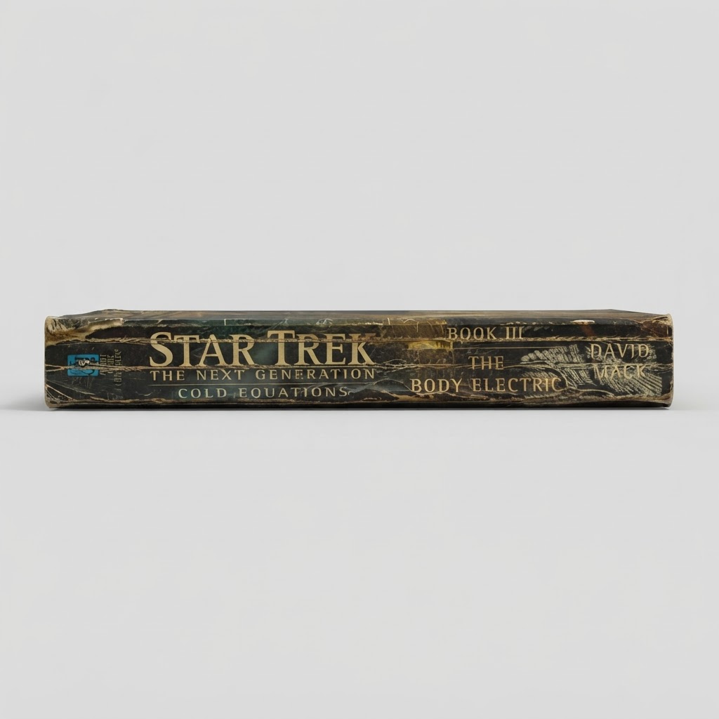 Spine view of the distressed Star Trek: TNG Cold Equations: The Body Electric vintage paperback book by David Mack