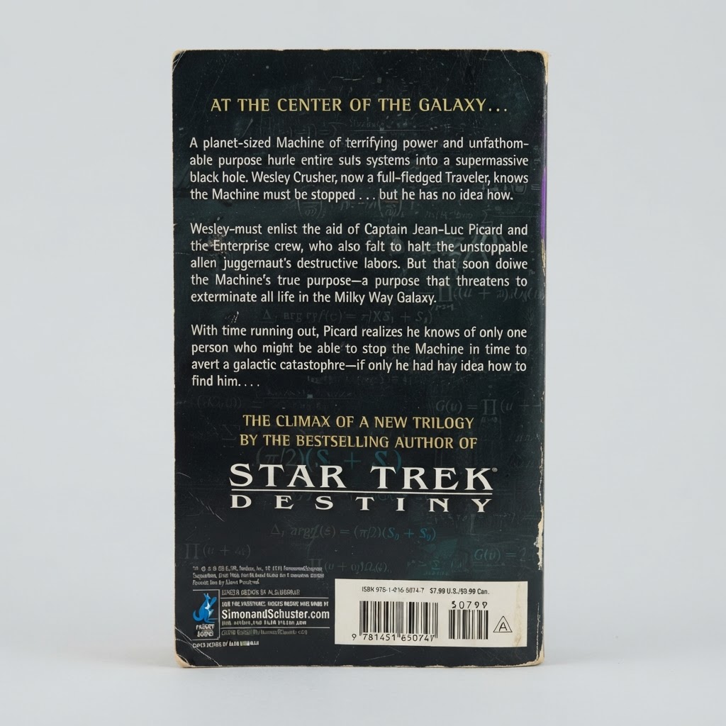 Back cover of the Star Trek: TNG Cold Equations: The Body Electric vintage paperback with black background and synopsis