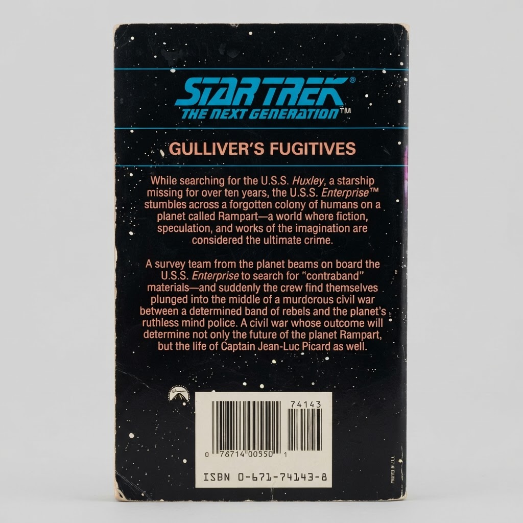 Back cover of the vintage Star Trek: TNG "Gulliver's Fugitives" paperback with synopsis text on a black starfield background