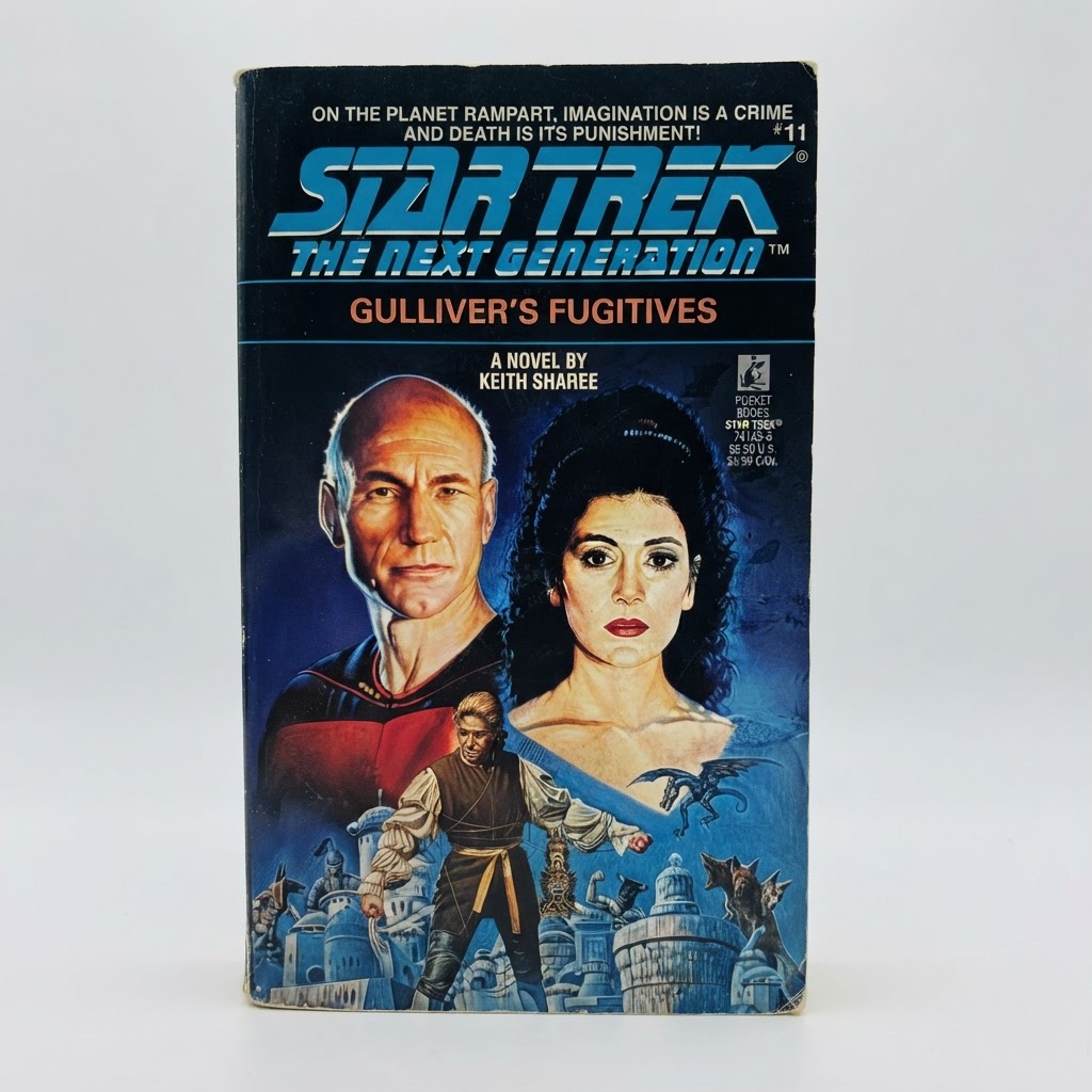 Front cover of the vintage Star Trek: TNG Gulliver's Fugitives paperback featuring Captain Picard and Deanna Troi art