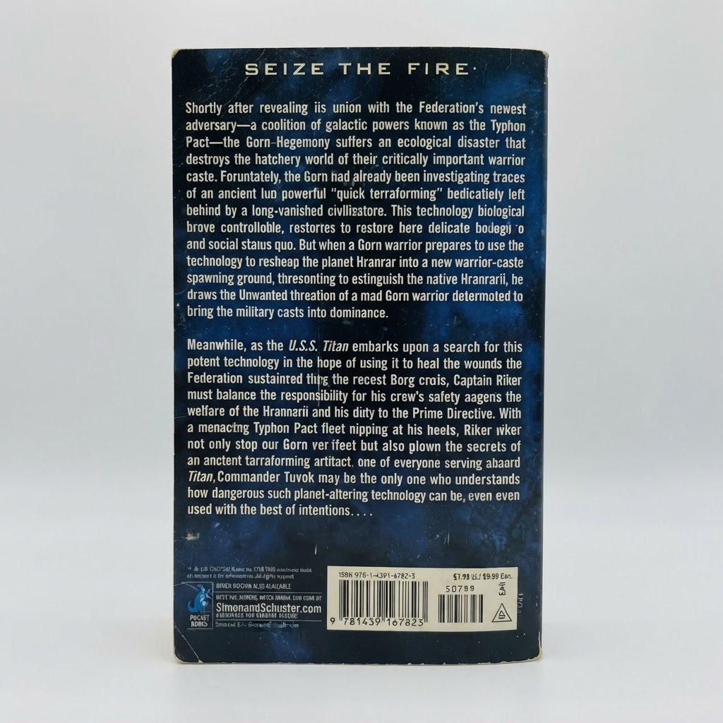 Back cover of the Star Trek Typhon Pact Seize the Fire vintage paperback with blue space graphics and summary text