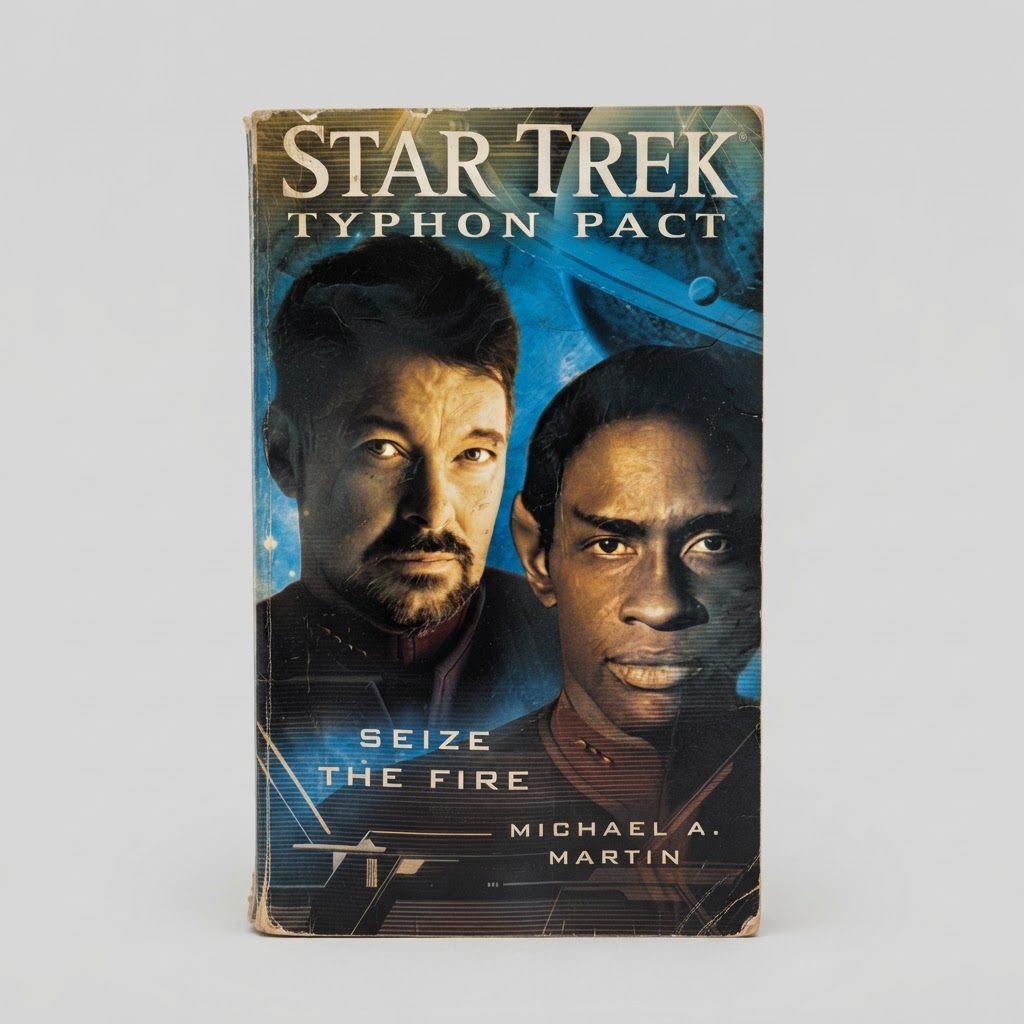 Front cover of the vintage Star Trek Typhon Pact Seize the Fire paperback with minor edge wear on a blue space background