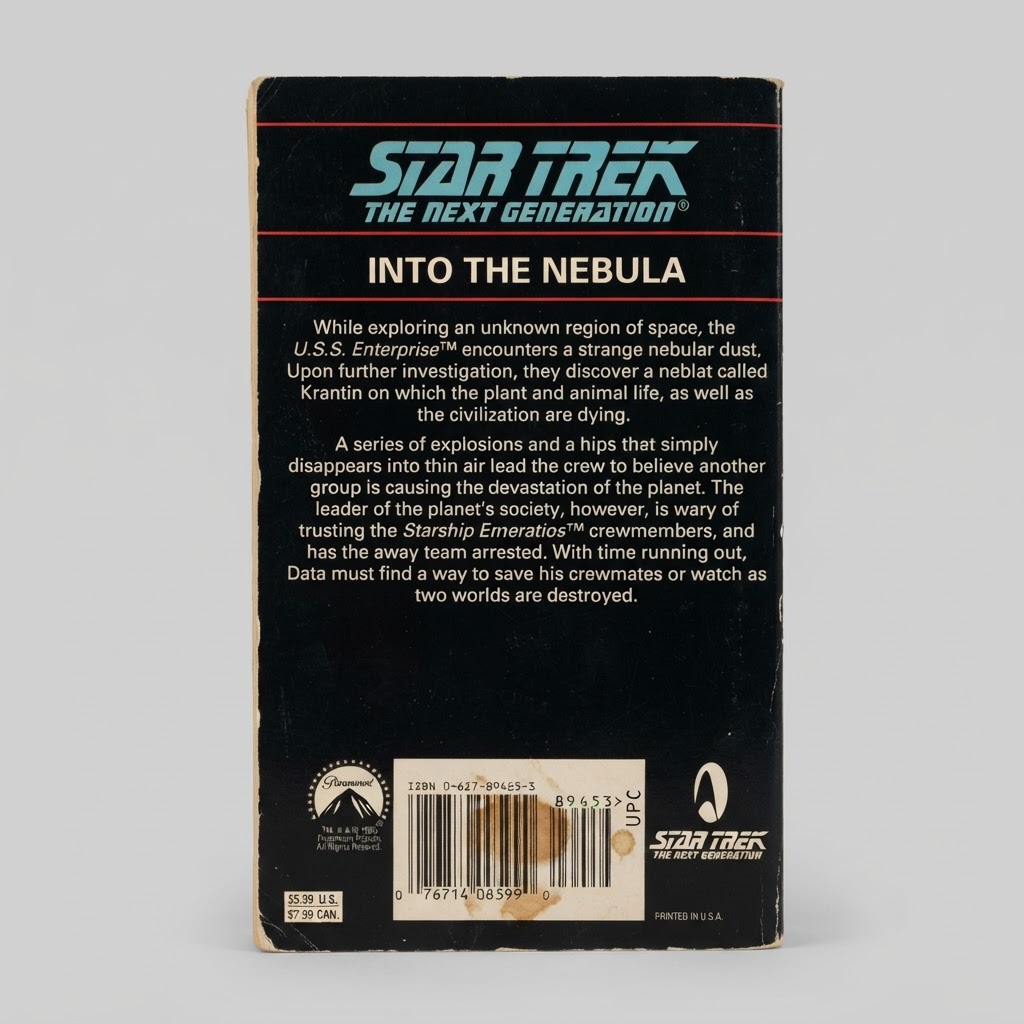 Back cover of the vintage Star Trek: TNG "Into the Nebula" paperback featuring a plot summary and black background