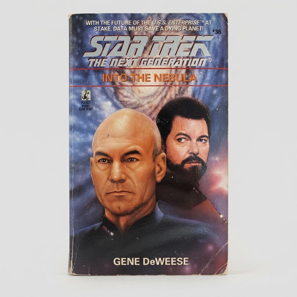 Front cover of Star Trek: TNG Into the Nebula vintage paperback with artwork of Captain Picard and Commander Riker