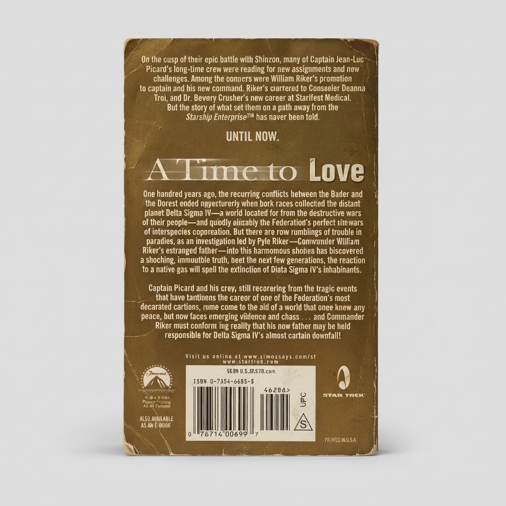 Back cover of the vintage Star Trek A Time to Love paperback featuring a brown distressed background and synopsis text