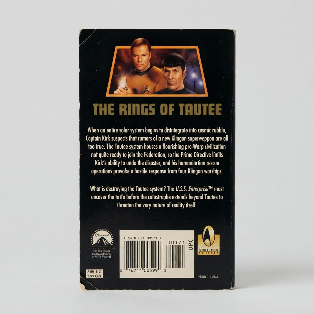 Back cover of the vintage Star Trek: The Original Series paperback The Rings of Tautee with character art and synopsis