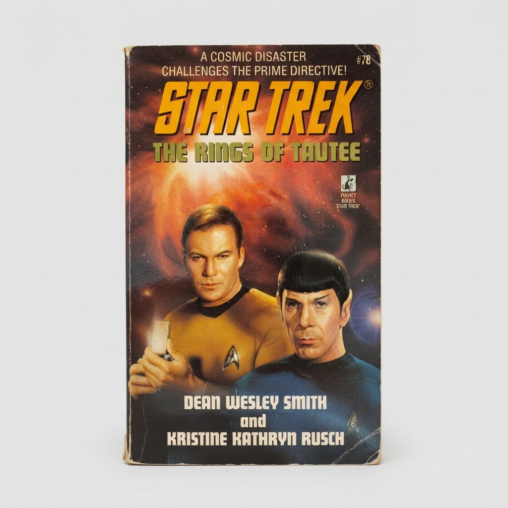 Front cover of the vintage Star Trek The Rings of Tautee paperback featuring illustrations of Kirk and Spock