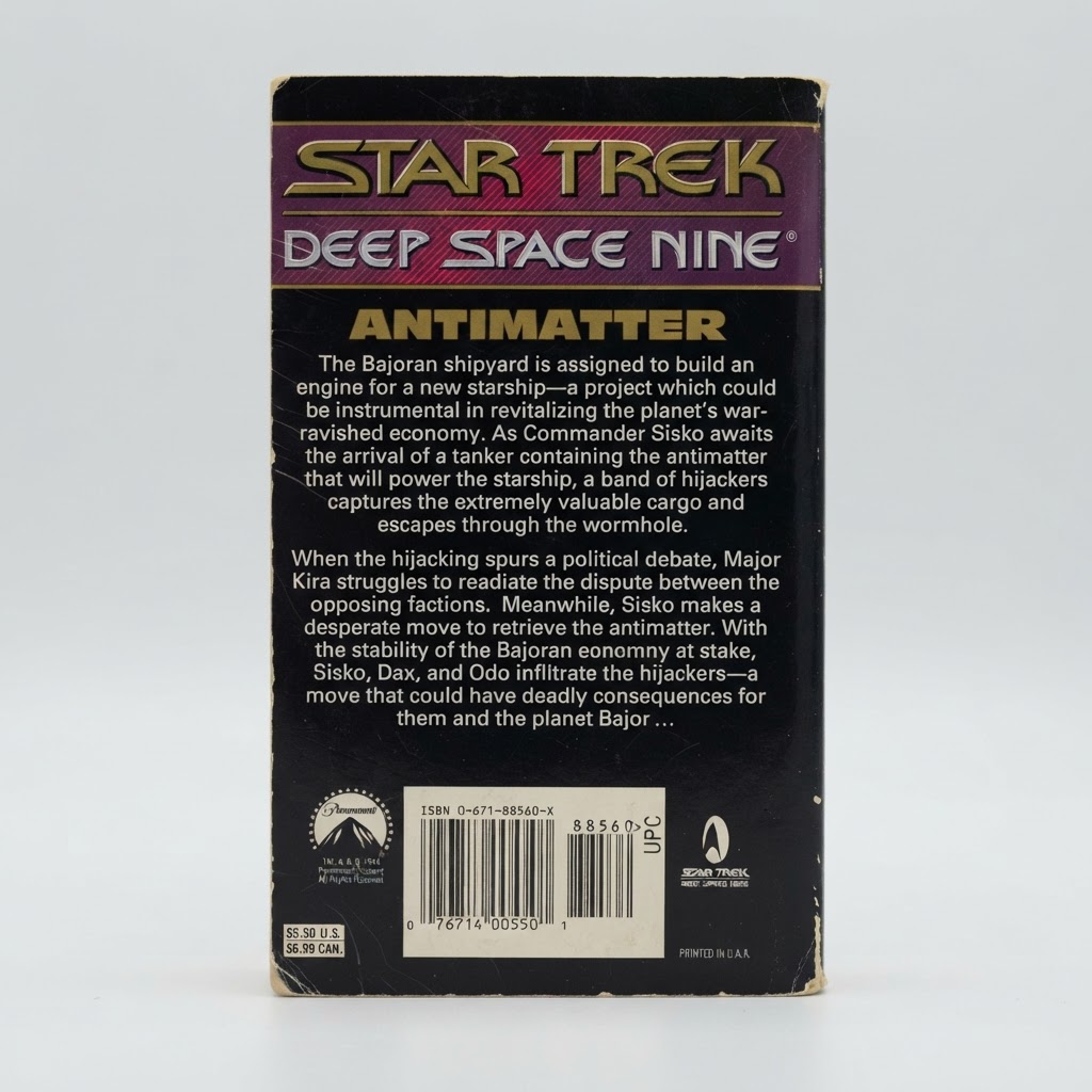Back cover of the vintage Star Trek: Deep Space Nine Antimatter paperback book with purple branding and plot summary