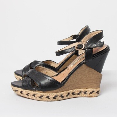 MARIA MARE Black Leather Open Toe Ankle Strap Wedges