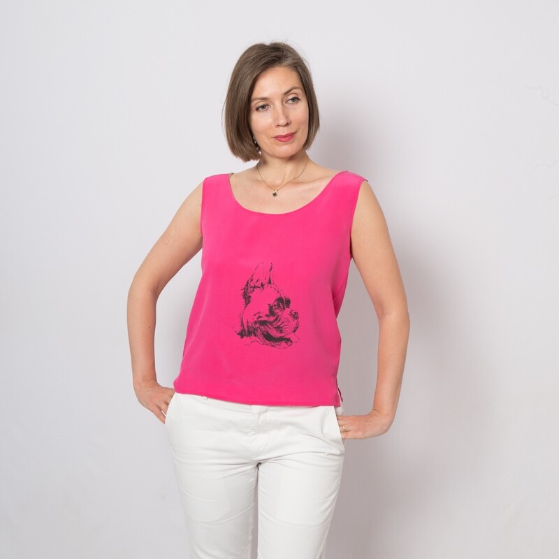 90s Pink Silk Tank Top with French Bulldog Print