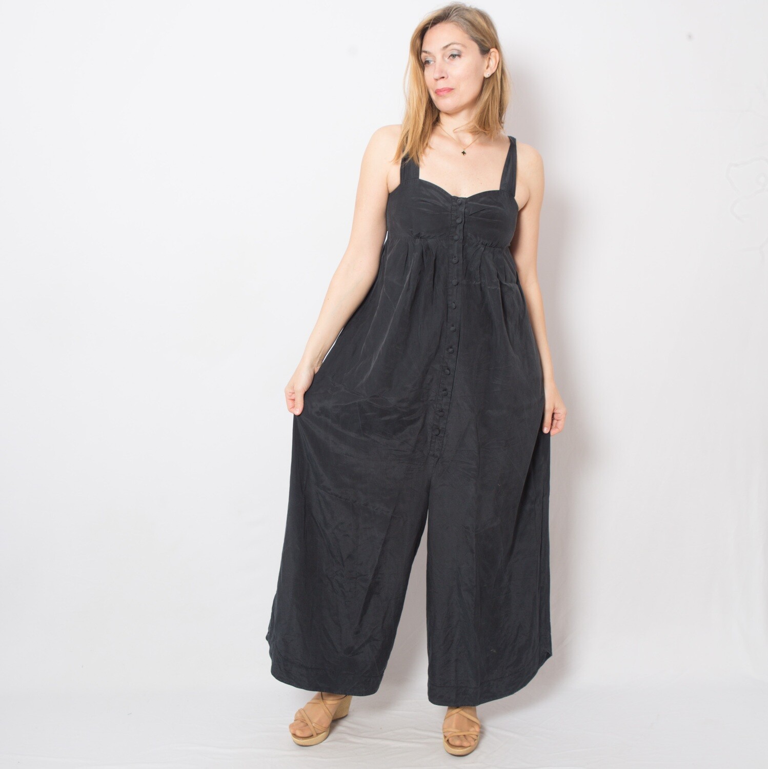 ​Vintage Black Silk Wide Leg Overall