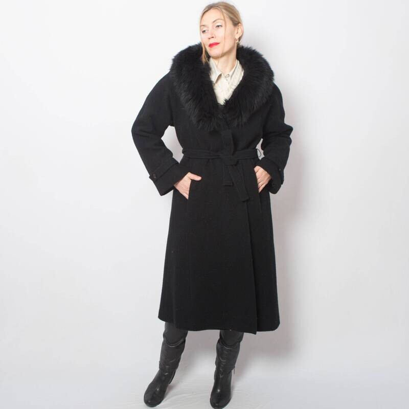 Vintage Wool Wrap Coat Large Real Fur Collar