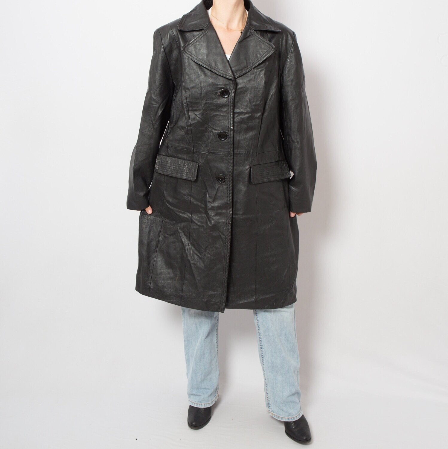 90s Black Long Leather Coat Women