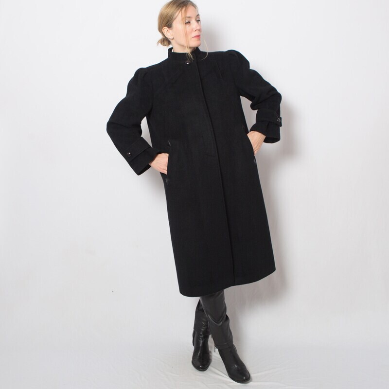 Vintage Black Wool Coat with Structured Puff Shoulder
