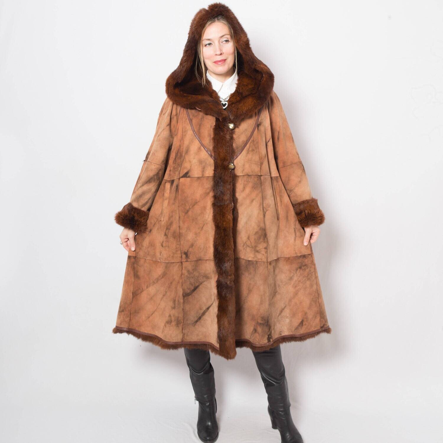 Vintage Long Suede Leather Swing Coat Hooded