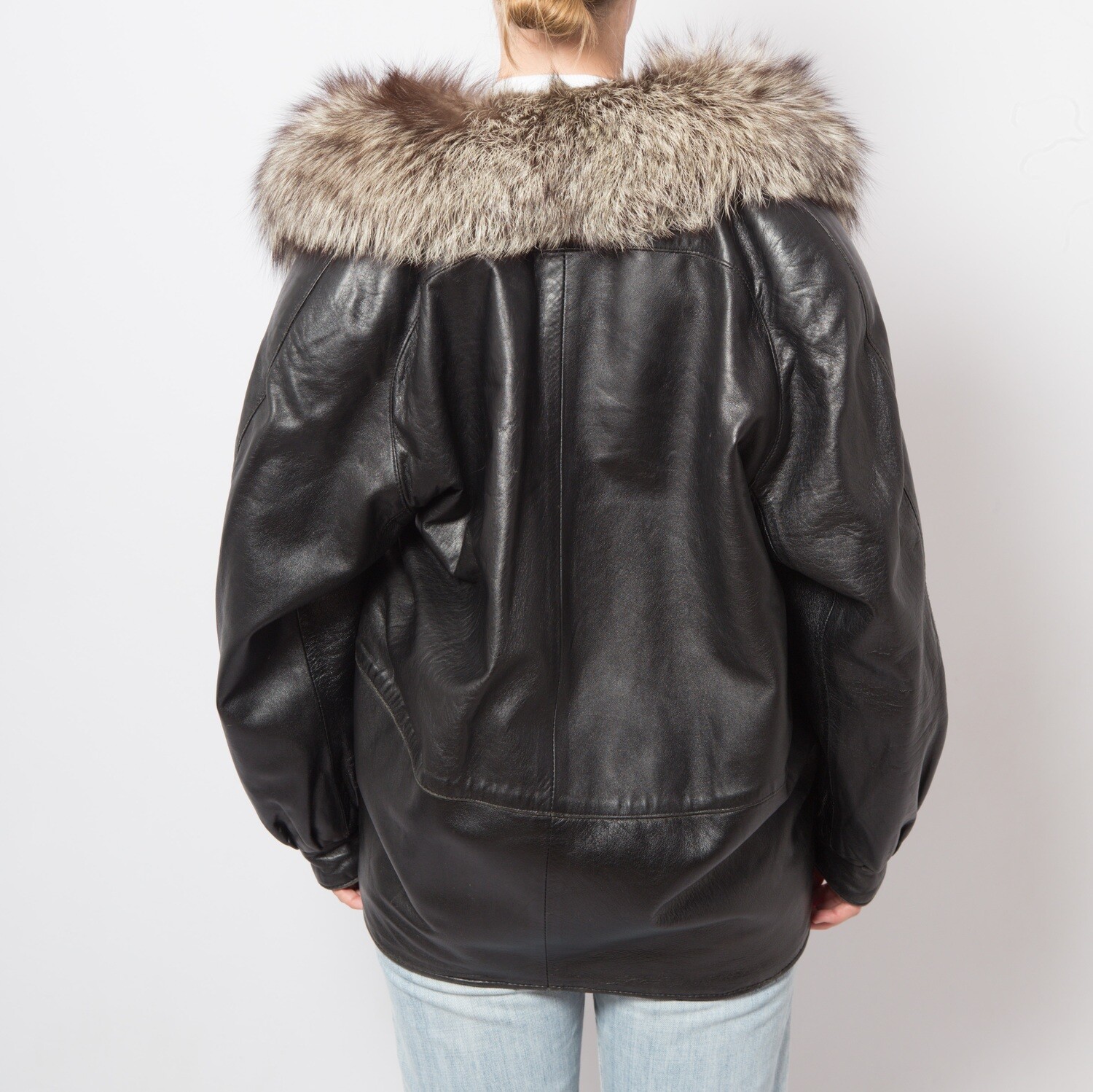 Vintage Black Leather Jacket with Huge Fur Raccoon Collar