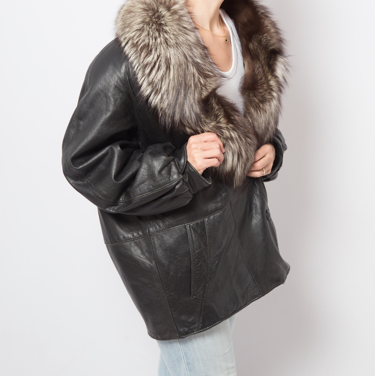 Vintage Black Leather Jacket with Huge Fur Raccoon Collar