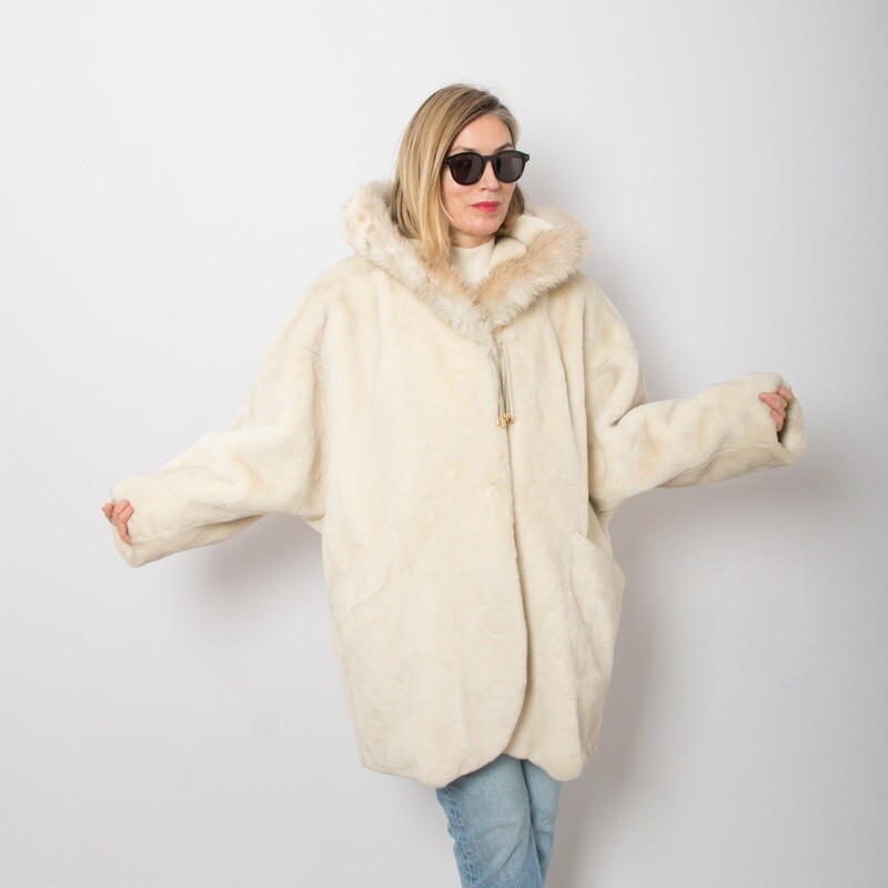 Vintage White Faux Fur Coat with Hood