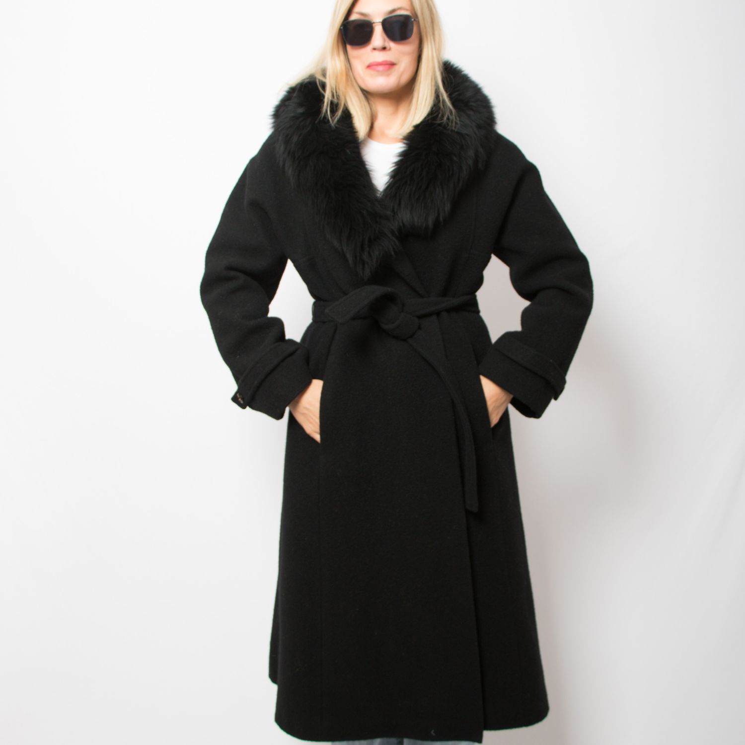 Vintage Wool Wrap Coat Large Real Fur Collar