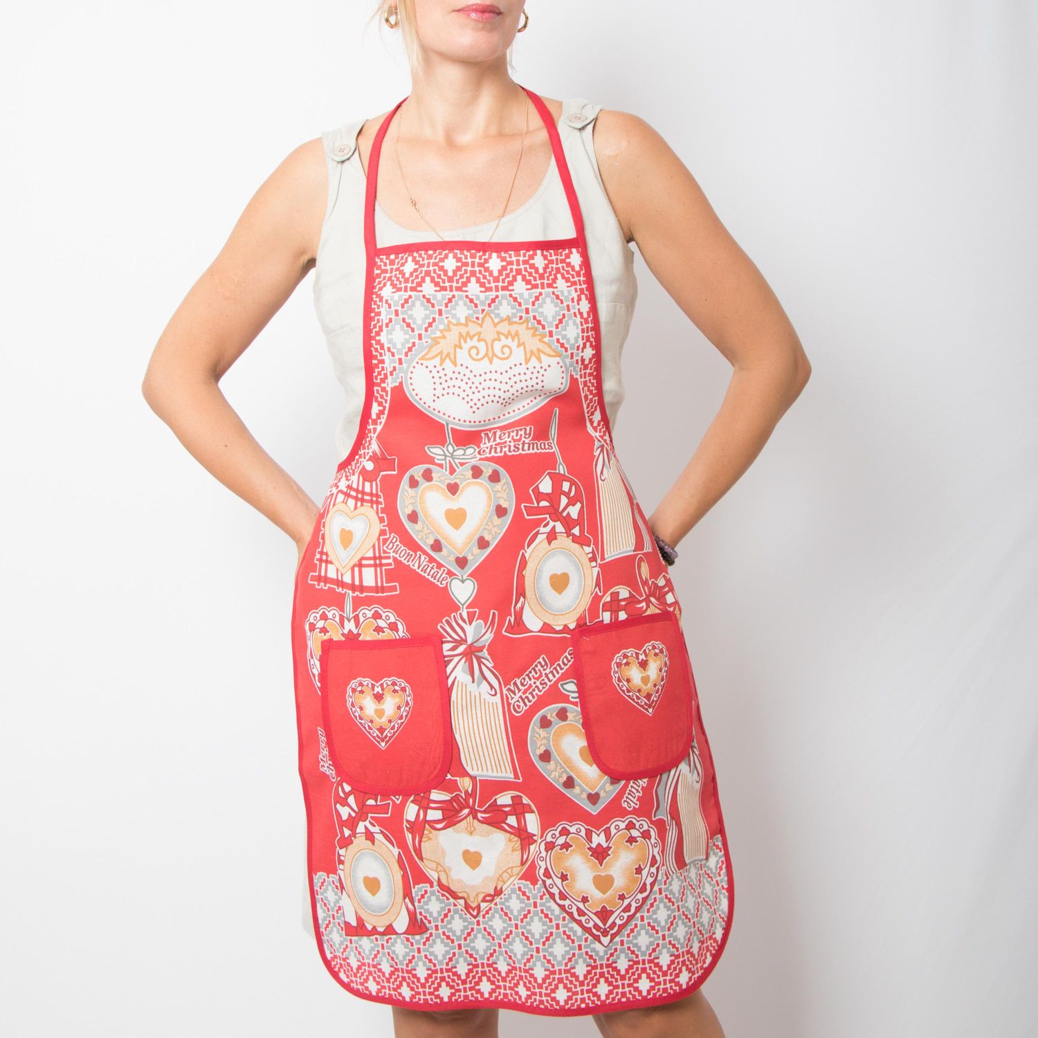 Vintage Kitchen Apron Christmas Hearts Print Italian Full Apron Cottage Christmas Gift