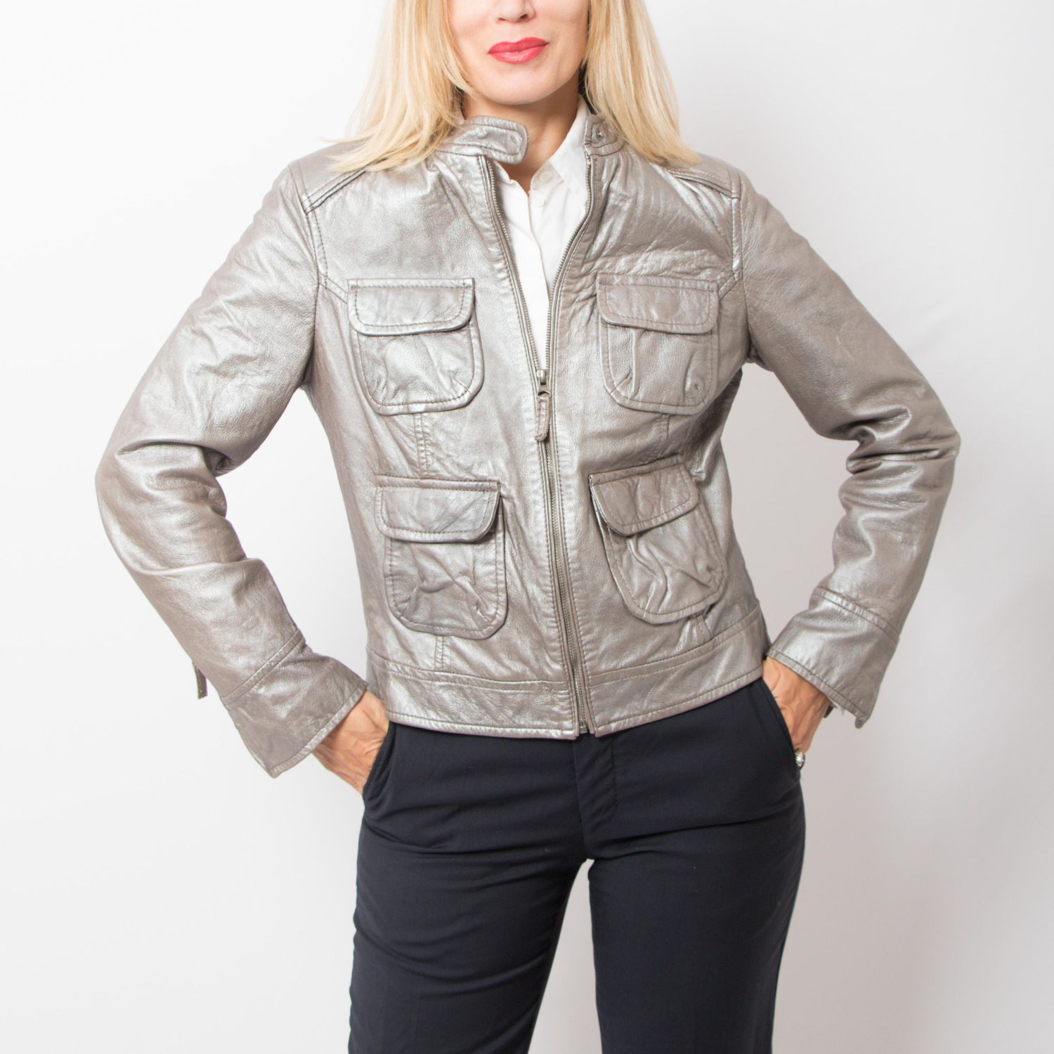 BODEN Y2K Silver Metallic Leather Jacket Racing Biker Moto Jacket Size M Gift for Girlfriend