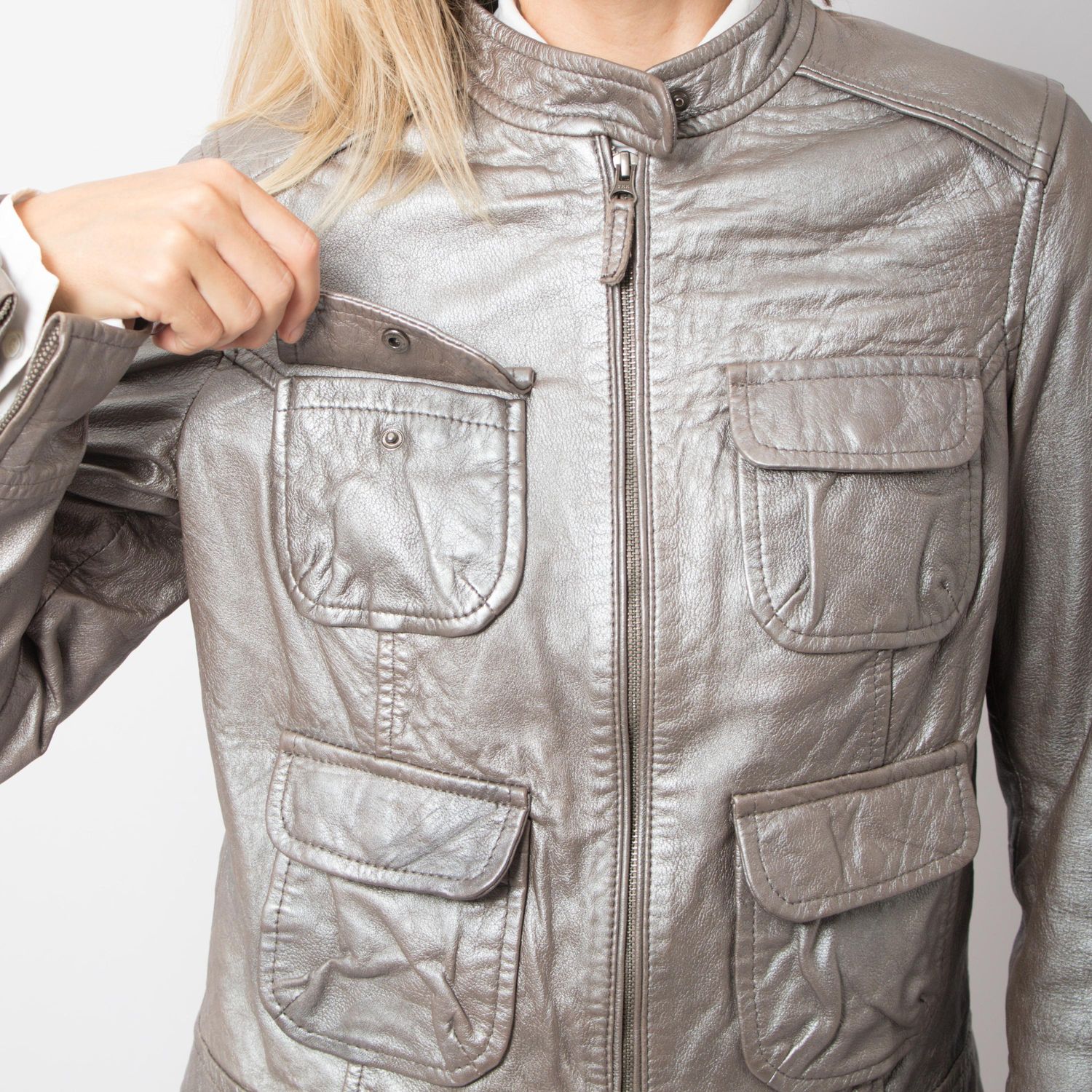 BODEN Y2K Silver Metallic Leather Jacket Racing Biker Moto Jacket Size M Gift for Girlfriend