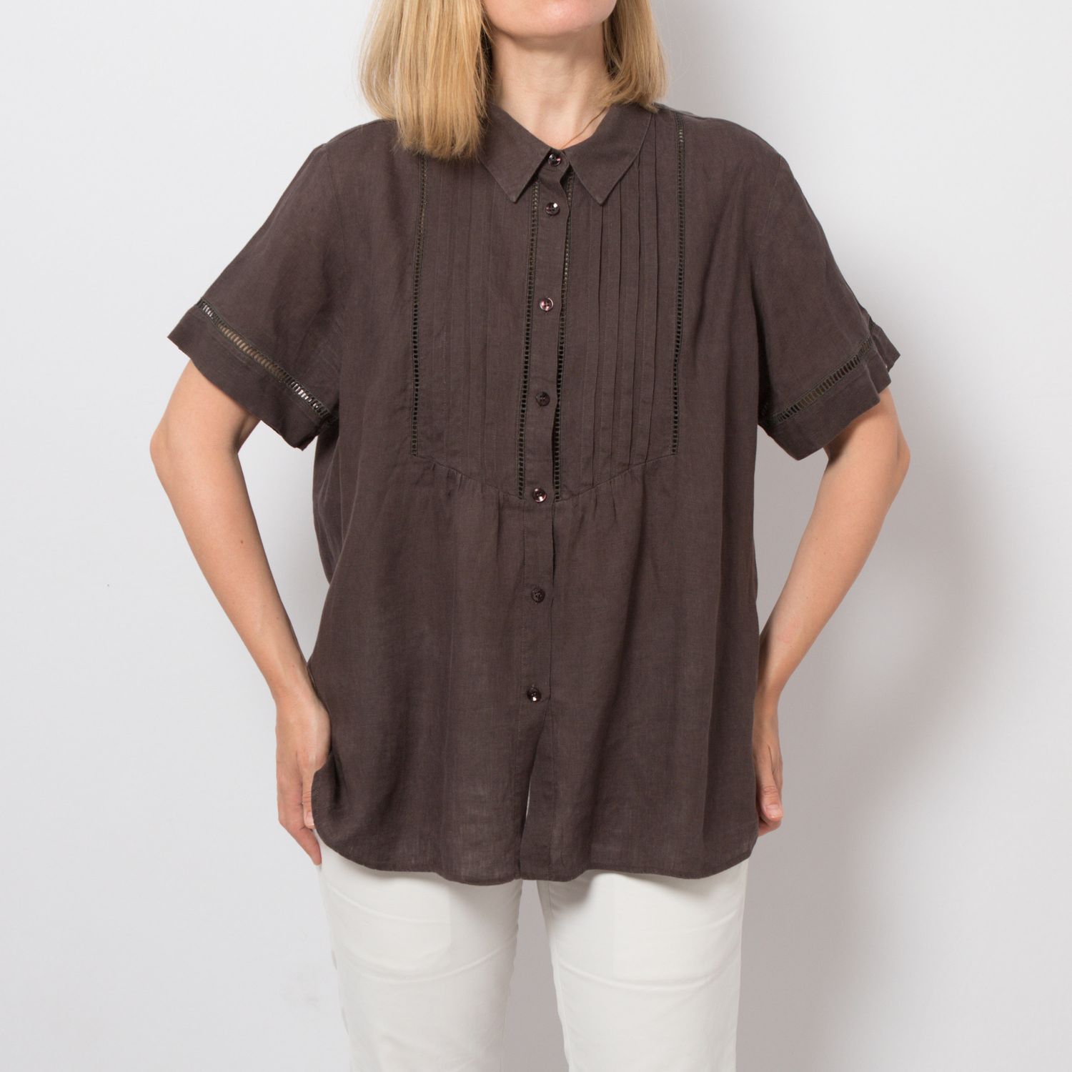 PERSONA Brown Linen Button Up Pleated Shirt Oversized will fit Size M / L Minimalist Holiday