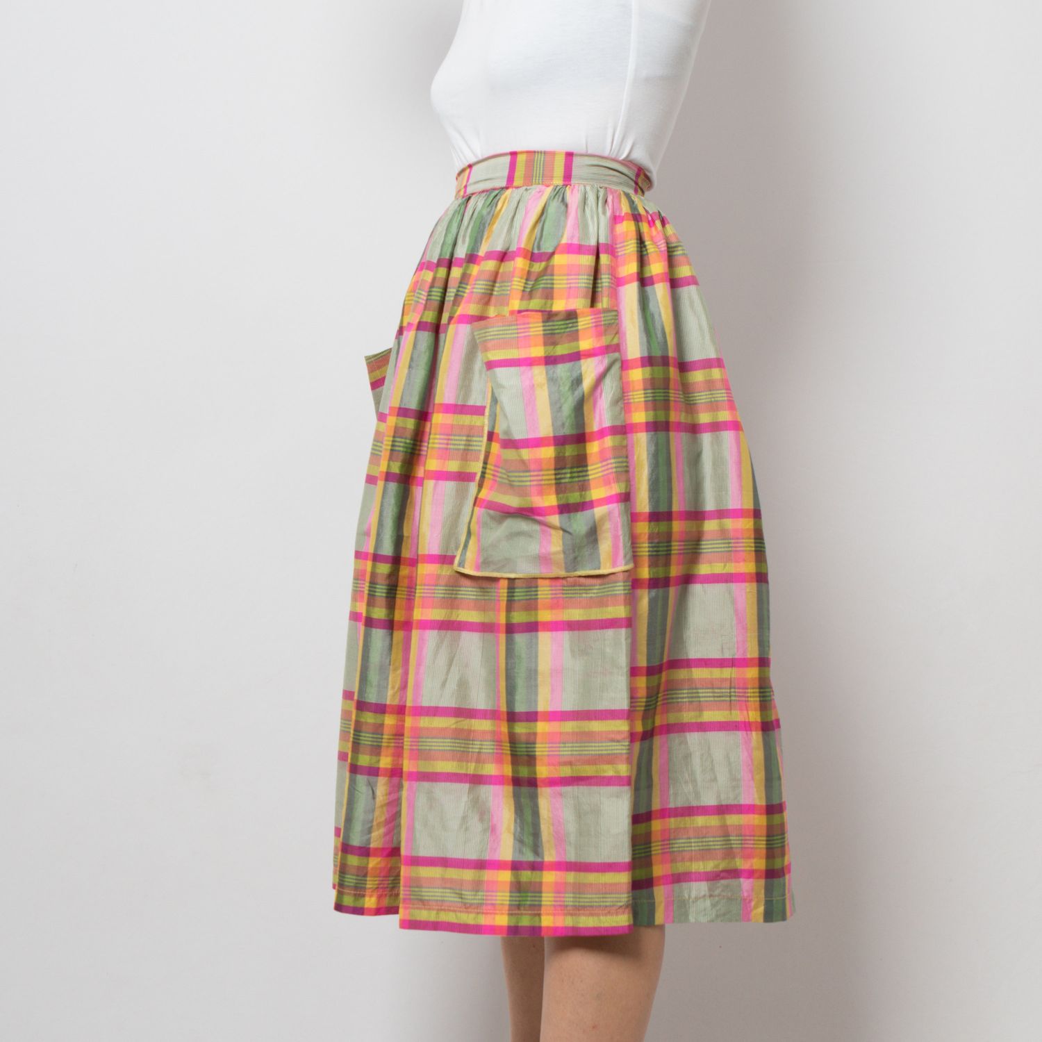 Stefanel 90s Plaid Pleated Skirt Silk Midi Skirt Size S W 26 Gift for Girlfriend Wife