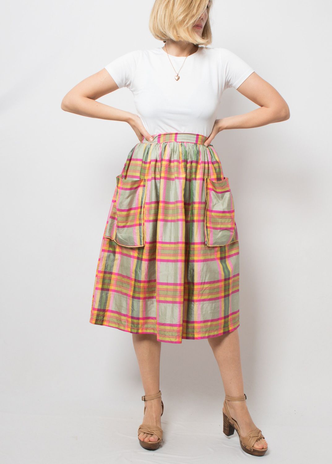 Stefanel 90s Plaid Pleated Skirt Silk Midi Skirt Size S W 26 Gift for Girlfriend Wife